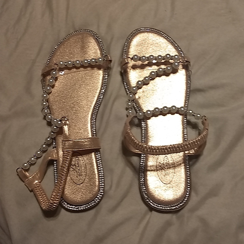 Metallic gold, pearl and rhinestone sandals